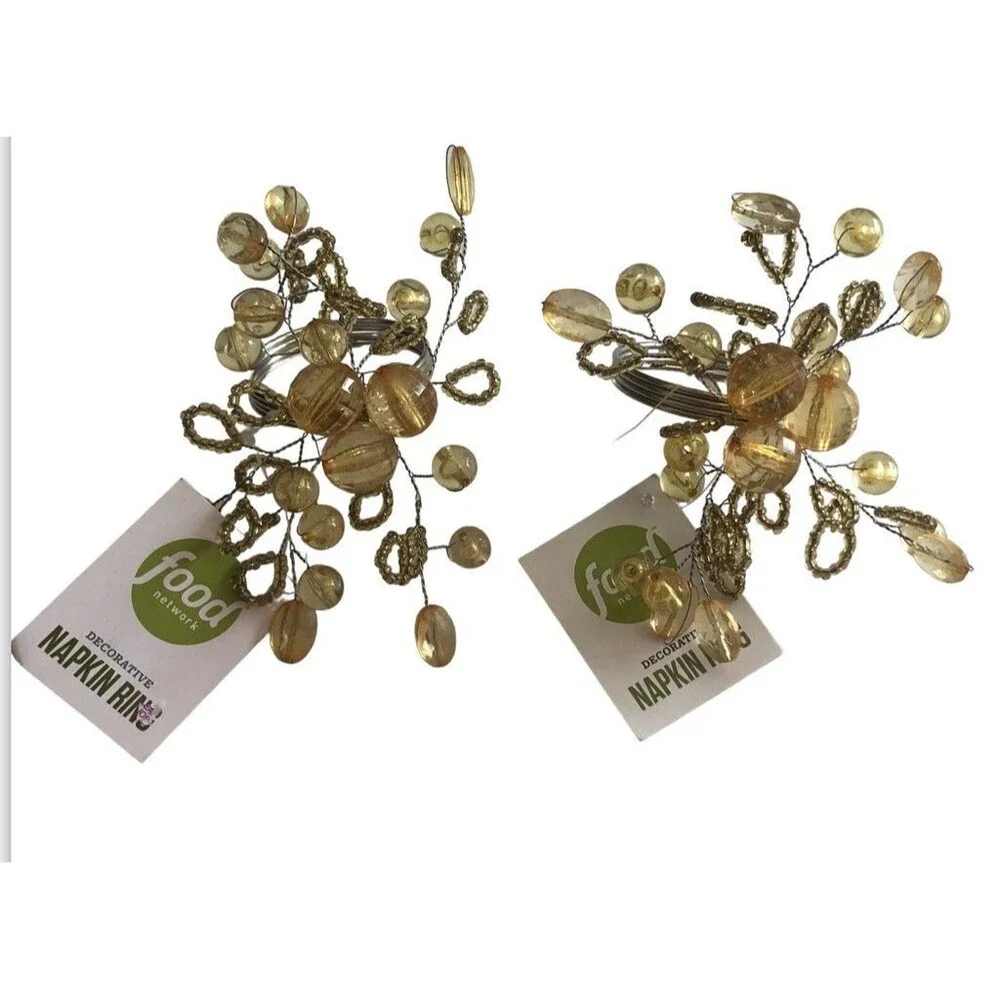 Food Network Napkin Rings Set Of 2 Thanksgiving Amber Gold Beaded Spray Silver